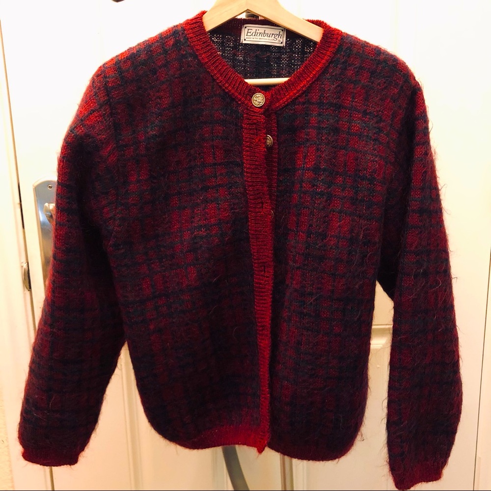 Vintage Plaid Mohair Mixed Thick Cardigan, Size M